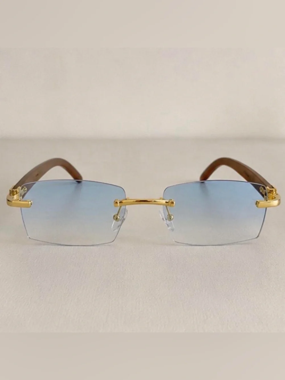 Luxury Rimless Rectangle Sunglasses Blue Gradient Gold Brown